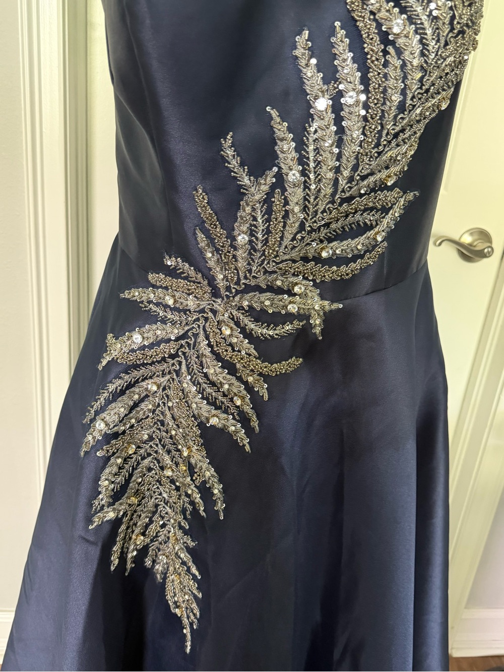Terani Couture Navy Blue One-Shoulder Prom Gown with Silver Embellishment - Picture 4 of 12